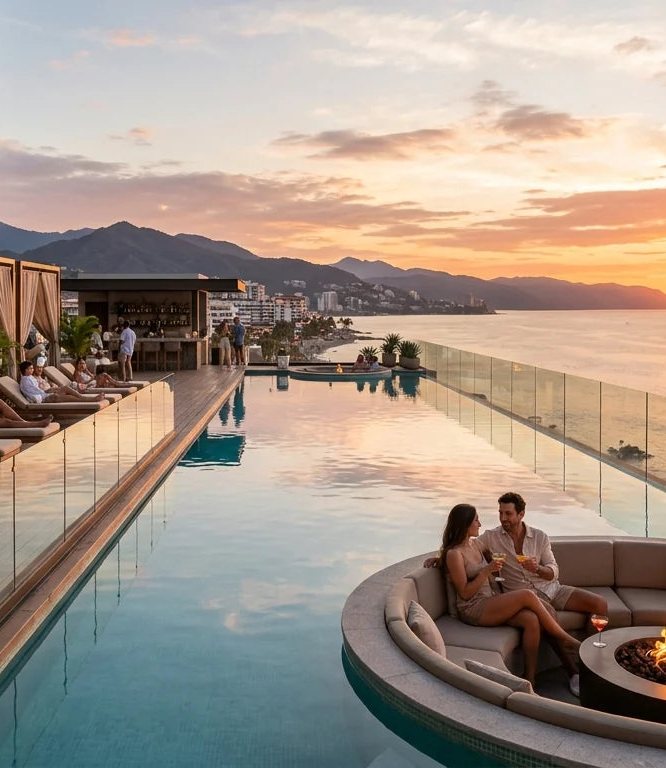 Rooftop con alberca al atardecer